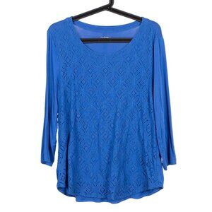 Croft & Barrow Lace Shirt L Womens Blue 3/4 Sleeve Top Overlay Stretch